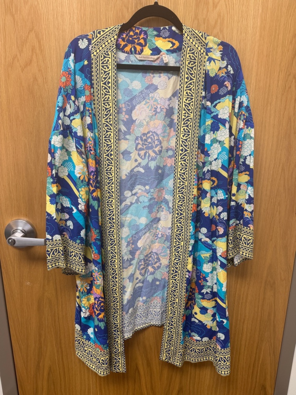 Soft Surroundings Blue Floral Border-Trim Kimono Jacket